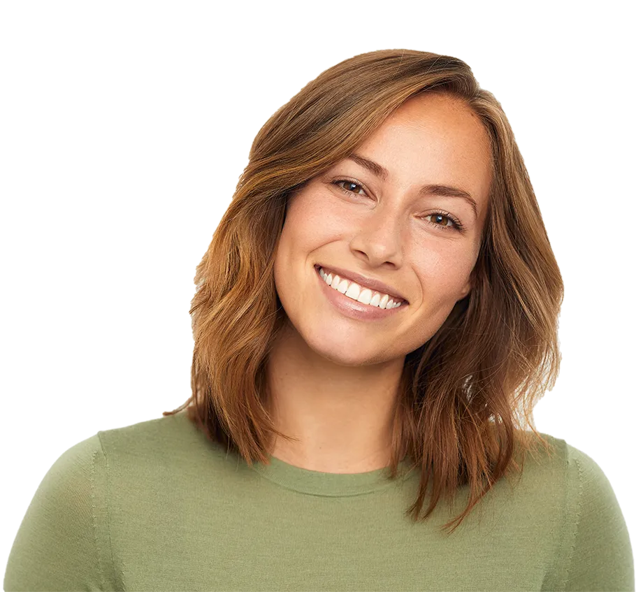 smiling confident woman in green shirt